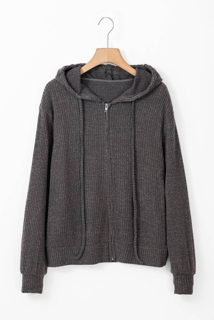 Red Dahlia Ribbed Zip Up Front Drawstring Hoodie - Fashion Queen -  18