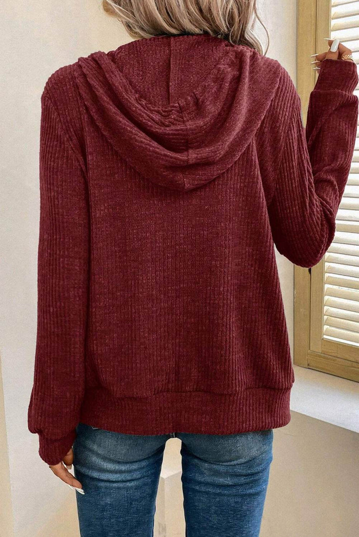 Red Dahlia Ribbed Zip Up Front Drawstring Hoodie - Fashion Queen -  2