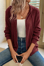 Load image into Gallery viewer, Red Dahlia Ribbed Zip Up Front Drawstring Hoodie - Fashion Queen -  3
