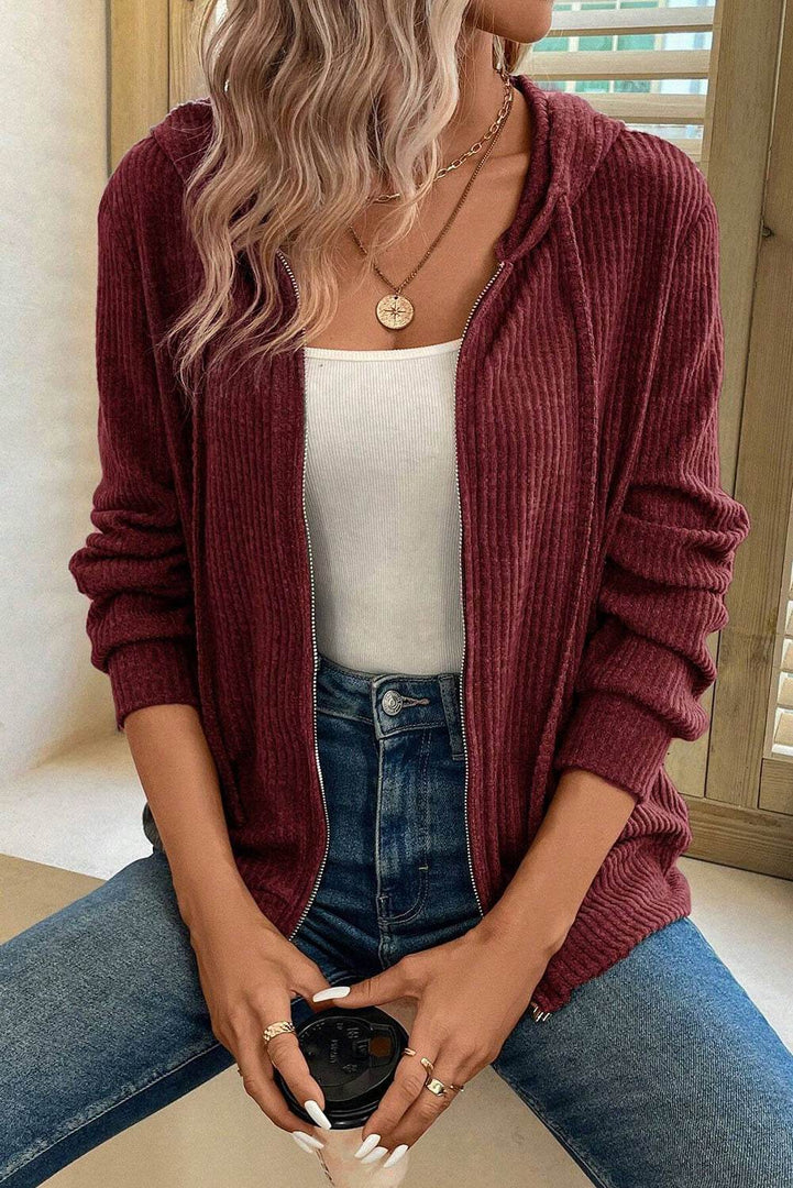 Red Dahlia Ribbed Zip Up Front Drawstring Hoodie - Fashion Queen -  3