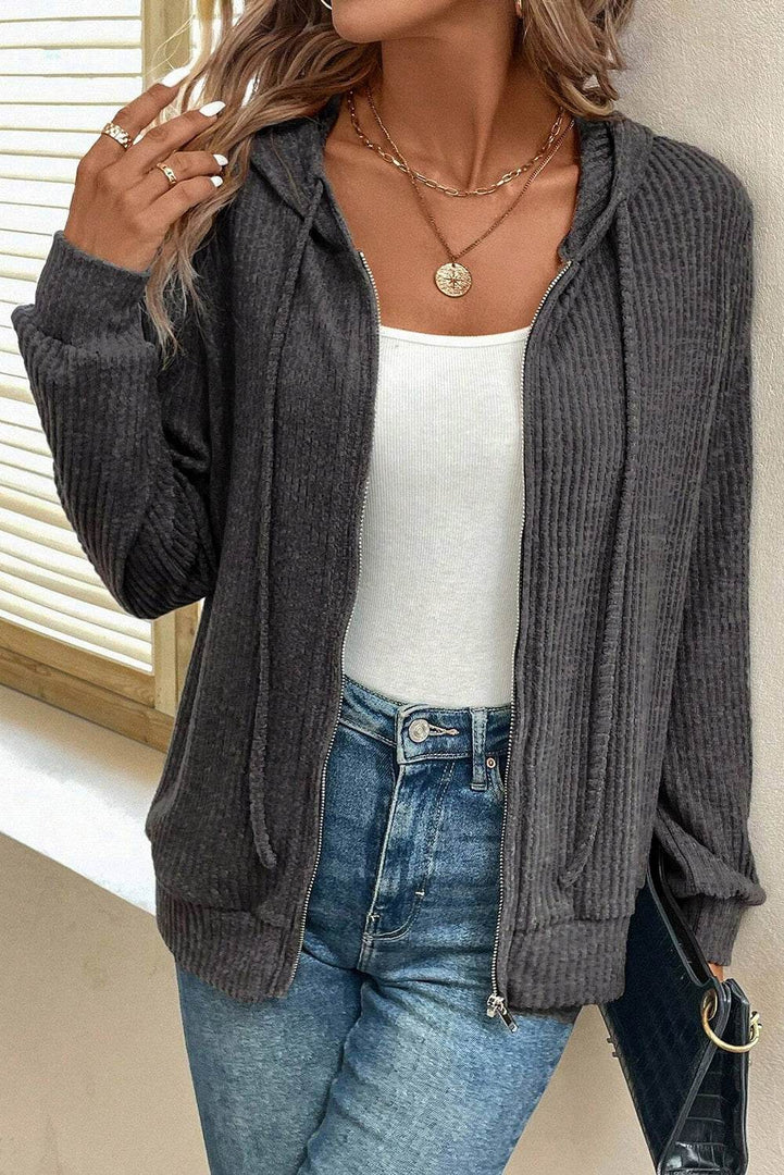 Red Dahlia Ribbed Zip Up Front Drawstring Hoodie - Fashion Queen -  4