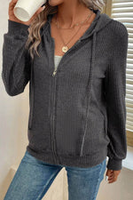 Load image into Gallery viewer, Red Dahlia Ribbed Zip Up Front Drawstring Hoodie - Fashion Queen -  6
