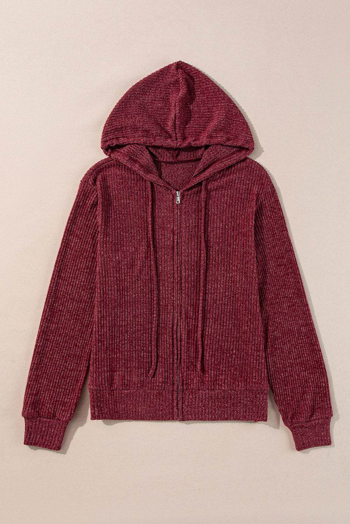 Red Dahlia Ribbed Zip Up Front Drawstring Hoodie - Fashion Queen -  9