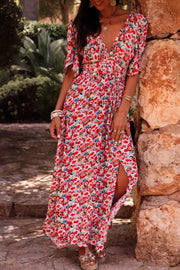 Red Floral Half Sleeve Deep V Neck Cutout Back Split Maxi Dress - Fashion Queen -  1