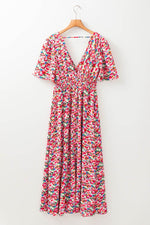 Load image into Gallery viewer, Red Floral Half Sleeve Deep V Neck Cutout Back Split Maxi Dress - Fashion Queen -  10
