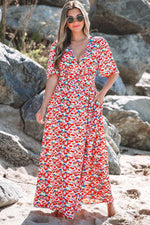 Load image into Gallery viewer, Red Floral Half Sleeve Deep V Neck Cutout Back Split Maxi Dress - Fashion Queen -  16
