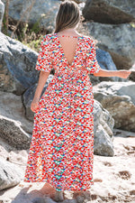 Load image into Gallery viewer, Red Floral Half Sleeve Deep V Neck Cutout Back Split Maxi Dress - Fashion Queen -  17
