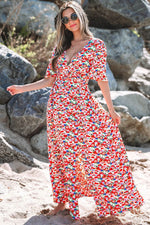 Load image into Gallery viewer, Red Floral Half Sleeve Deep V Neck Cutout Back Split Maxi Dress - Fashion Queen -  18
