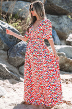 Load image into Gallery viewer, Red Floral Half Sleeve Deep V Neck Cutout Back Split Maxi Dress - Fashion Queen -  19
