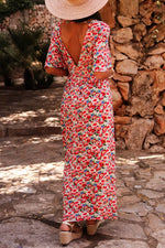 Load image into Gallery viewer, Red Floral Half Sleeve Deep V Neck Cutout Back Split Maxi Dress - Fashion Queen -  2

