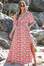 Load image into Gallery viewer, Red Floral Half Sleeve Deep V Neck Cutout Back Split Maxi Dress - Fashion Queen -  20
