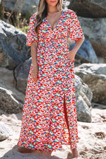 Load image into Gallery viewer, Red Floral Half Sleeve Deep V Neck Cutout Back Split Maxi Dress - Fashion Queen -  21
