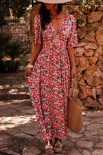 Load image into Gallery viewer, Red Floral Half Sleeve Deep V Neck Cutout Back Split Maxi Dress - Fashion Queen -  3
