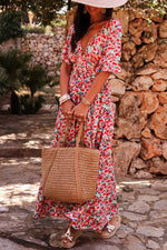 Load image into Gallery viewer, Red Floral Half Sleeve Deep V Neck Cutout Back Split Maxi Dress - Fashion Queen -  4
