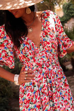 Load image into Gallery viewer, Red Floral Half Sleeve Deep V Neck Cutout Back Split Maxi Dress - Fashion Queen -  5
