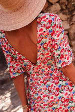 Load image into Gallery viewer, Red Floral Half Sleeve Deep V Neck Cutout Back Split Maxi Dress - Fashion Queen -  6
