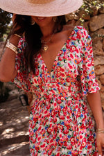 Load image into Gallery viewer, Red Floral Half Sleeve Deep V Neck Cutout Back Split Maxi Dress - Fashion Queen -  7
