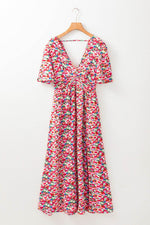 Load image into Gallery viewer, Red Floral Half Sleeve Deep V Neck Cutout Back Split Maxi Dress - Fashion Queen -  9
