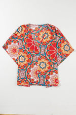 Load image into Gallery viewer, Red Floral Print Batwing Sleeve V Neck Blouse - Fashion Queen -  12
