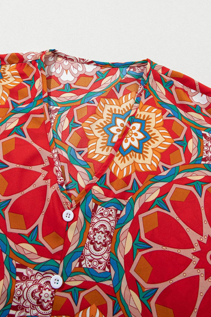 Red Floral Print Batwing Sleeve V Neck Blouse - Fashion Queen -  14