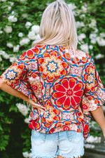 Load image into Gallery viewer, Red Floral Print Batwing Sleeve V Neck Blouse - Fashion Queen -  3
