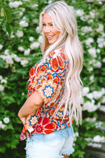 Load image into Gallery viewer, Red Floral Print Batwing Sleeve V Neck Blouse - Fashion Queen -  4
