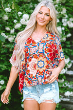 Load image into Gallery viewer, Red Floral Print Batwing Sleeve V Neck Blouse - Fashion Queen -  5
