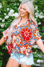 Load image into Gallery viewer, Red Floral Print Batwing Sleeve V Neck Blouse - Fashion Queen -  6
