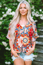 Load image into Gallery viewer, Red Floral Print Batwing Sleeve V Neck Blouse - Fashion Queen -  7
