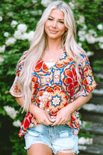 Load image into Gallery viewer, Red Floral Print Batwing Sleeve V Neck Blouse - Fashion Queen -  8
