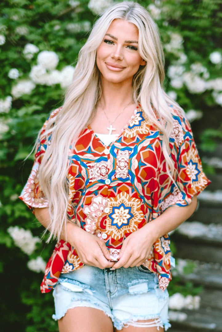 Red Floral Print Batwing Sleeve V Neck Blouse - Fashion Queen -  8