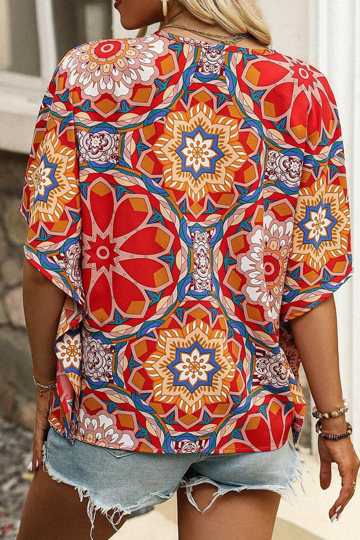 Red Floral Print Batwing Sleeve V Neck Blouse - Fashion Queen -  9