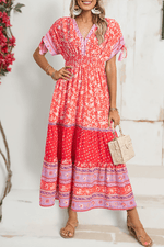Load image into Gallery viewer, Red Floral Print Tasseled Tied Sleeve Empire Waist Maxi Dress - Fashion Queen -  1
