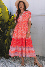 Load image into Gallery viewer, Red Floral Print Tasseled Tied Sleeve Empire Waist Maxi Dress - Fashion Queen -  12
