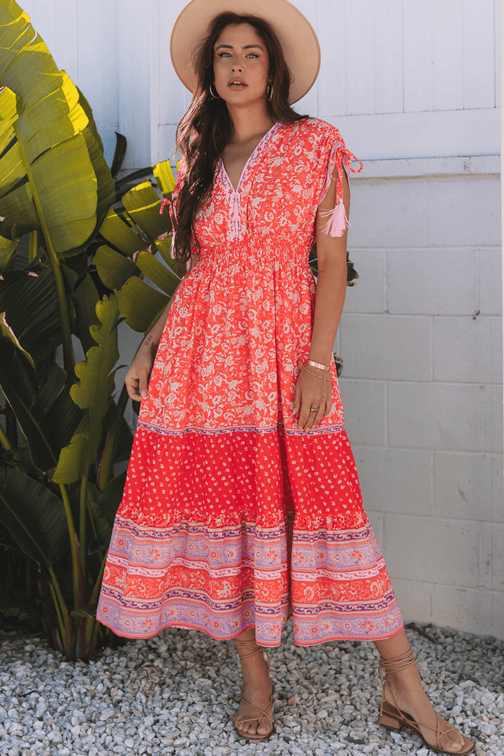 Red Floral Print Tasseled Tied Sleeve Empire Waist Maxi Dress - Fashion Queen -  12