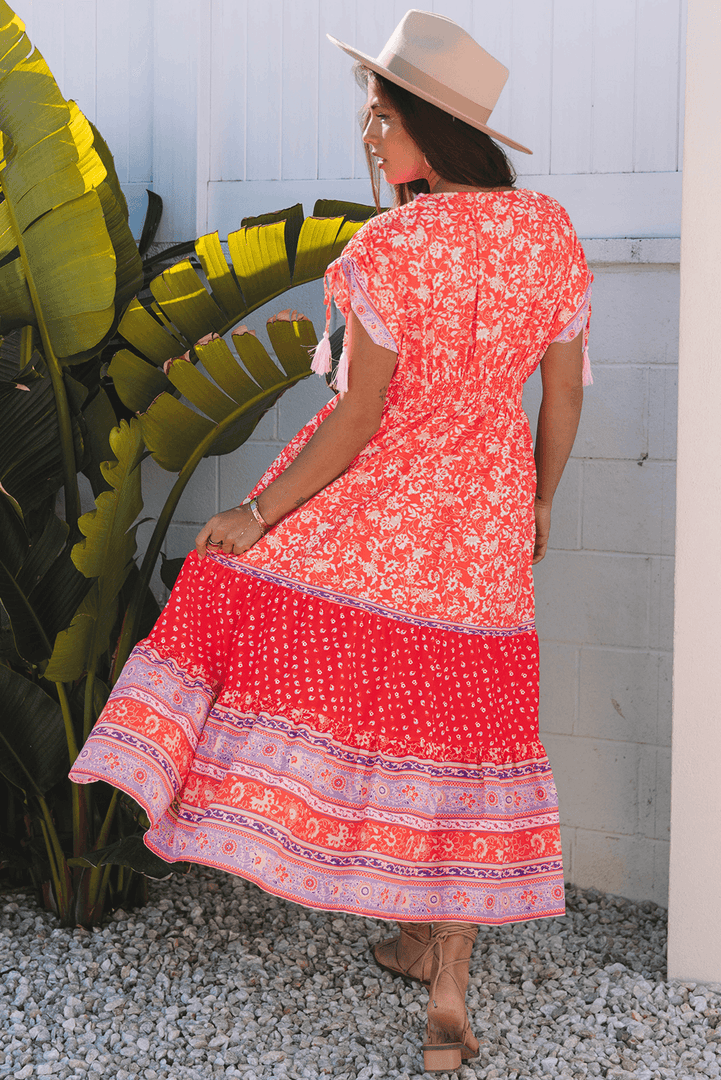 Red Floral Print Tasseled Tied Sleeve Empire Waist Maxi Dress - Fashion Queen -  13