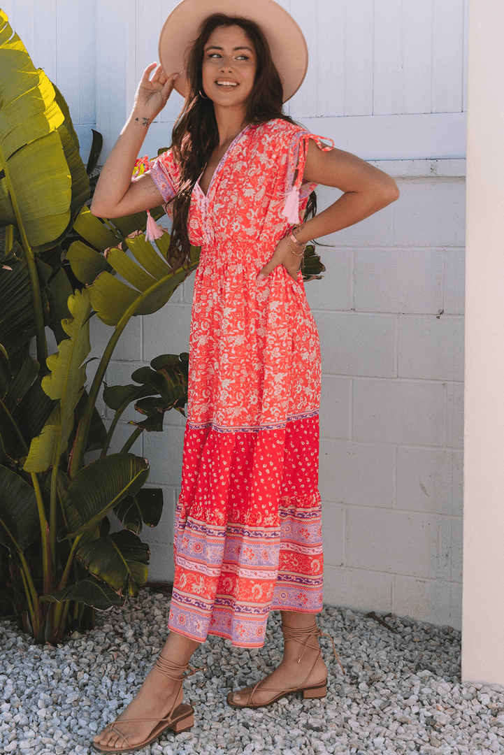 Red Floral Print Tasseled Tied Sleeve Empire Waist Maxi Dress - Fashion Queen -  14