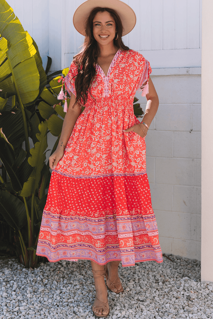 Red Floral Print Tasseled Tied Sleeve Empire Waist Maxi Dress - Fashion Queen -  15