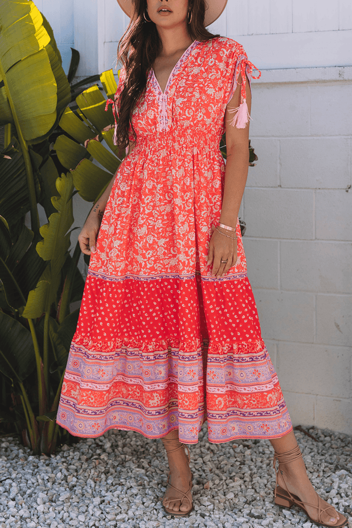 Red Floral Print Tasseled Tied Sleeve Empire Waist Maxi Dress - Fashion Queen -  16