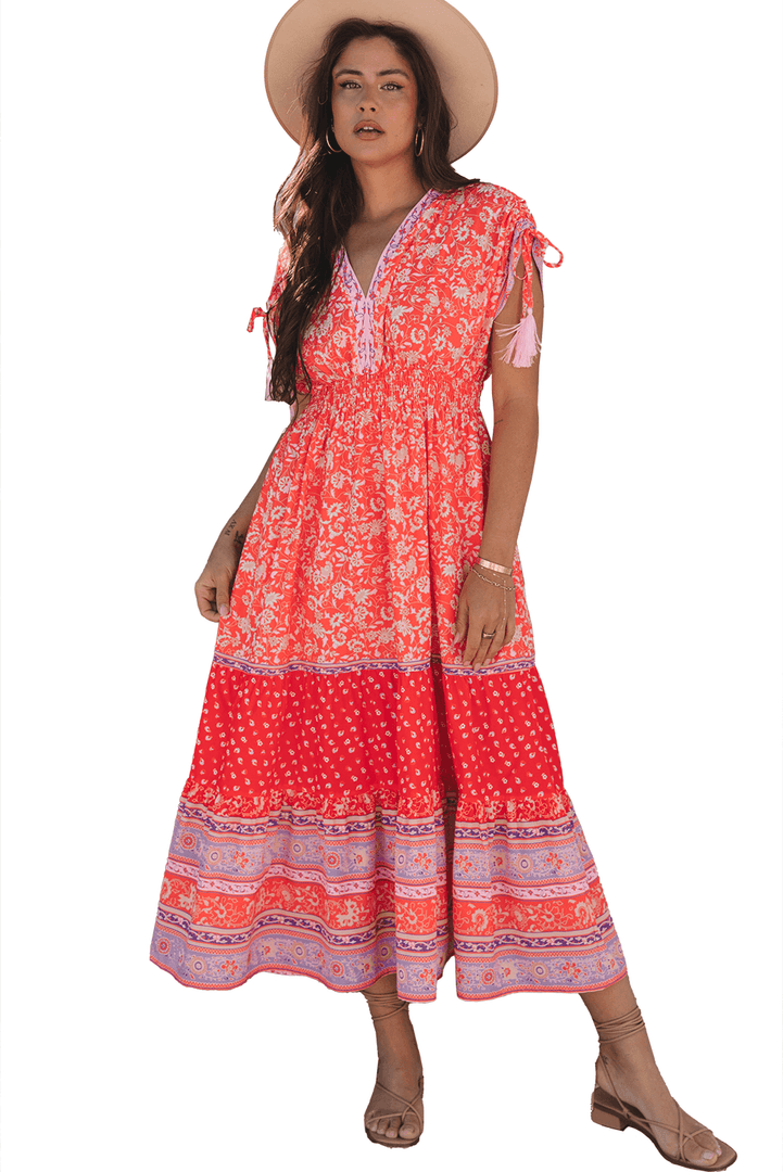 Red Floral Print Tasseled Tied Sleeve Empire Waist Maxi Dress - Fashion Queen -  17