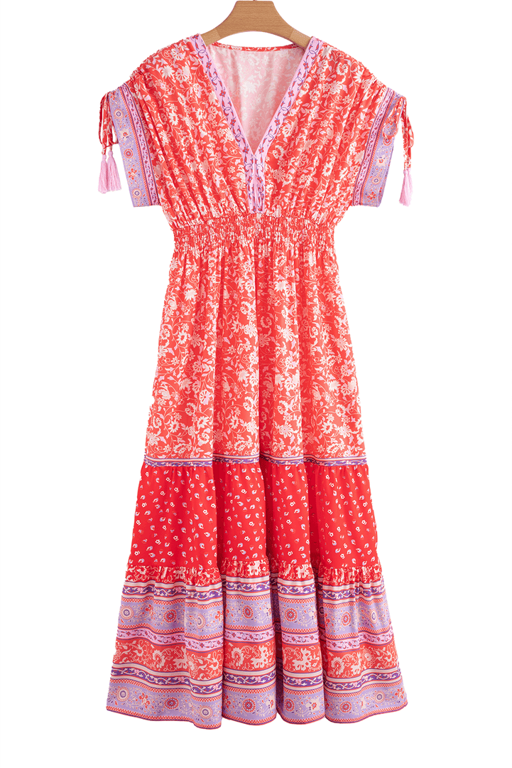 Red Floral Print Tasseled Tied Sleeve Empire Waist Maxi Dress - Fashion Queen -  18