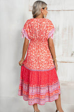 Load image into Gallery viewer, Red Floral Print Tasseled Tied Sleeve Empire Waist Maxi Dress - Fashion Queen -  2
