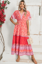 Load image into Gallery viewer, Red Floral Print Tasseled Tied Sleeve Empire Waist Maxi Dress - Fashion Queen -  3
