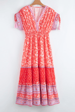 Load image into Gallery viewer, Red Floral Print Tasseled Tied Sleeve Empire Waist Maxi Dress - Fashion Queen -  4
