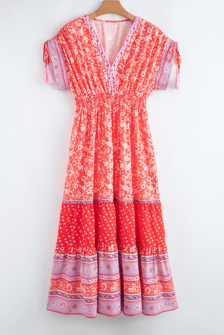 Red Floral Print Tasseled Tied Sleeve Empire Waist Maxi Dress - Fashion Queen -  4