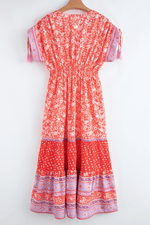 Load image into Gallery viewer, Red Floral Print Tasseled Tied Sleeve Empire Waist Maxi Dress - Fashion Queen -  5
