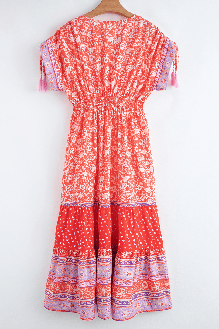 Red Floral Print Tasseled Tied Sleeve Empire Waist Maxi Dress - Fashion Queen -  5