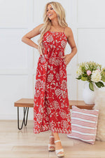 Load image into Gallery viewer, Red Floral Printed Spaghetti Strap Empire Waist Maxi Dress - Fashion Queen -  1

