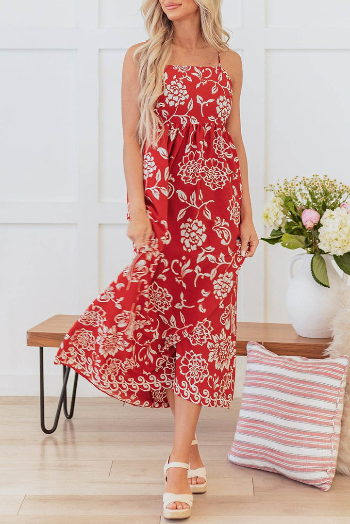 Red Floral Printed Spaghetti Strap Empire Waist Maxi Dress - Fashion Queen -  11