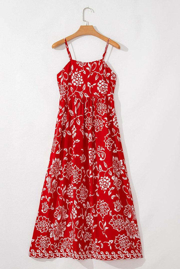 Red Floral Printed Spaghetti Strap Empire Waist Maxi Dress - Fashion Queen -  16